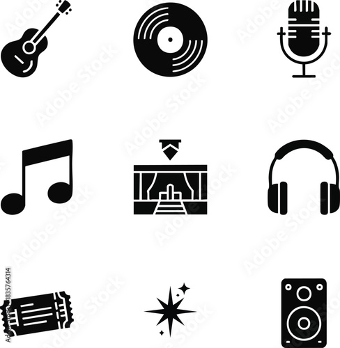 Musical icon set illustration of music genre and stage entertainment elements
