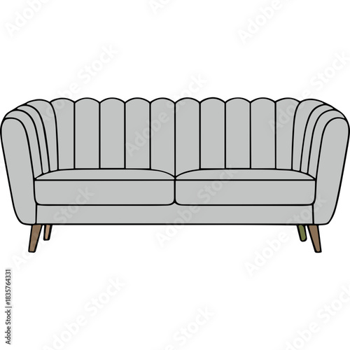 Minimalist Light Gray Upholstered Sofa with Fluted Backrest and Tapered Wooden Legs Isolated on Transparent Background for Interior Design