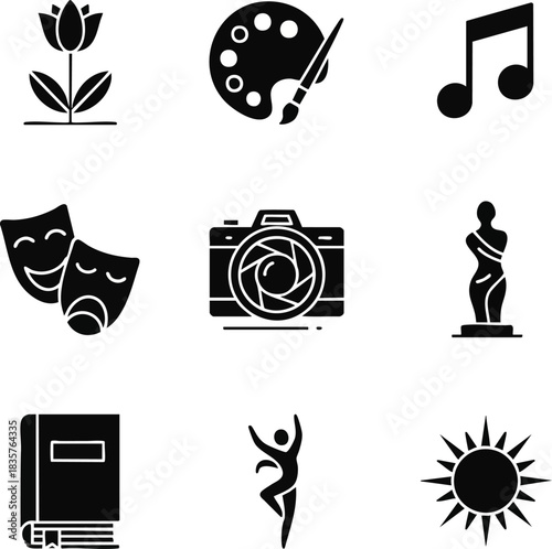 Nine black minimalist icons representing arts, culture, and creativity