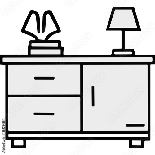 Minimalist Light Gray Wooden Cabinet With Two Drawers And A Door Featuring A Stack Of Books And A Table Lamp With A White Lampshade On Top