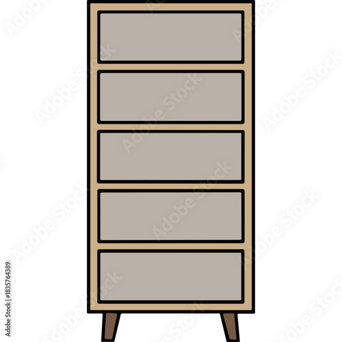 Minimalist Light Wood Tall Rectangular Open Shelving Unit With Five Horizontal Shelves Supported By Small Brown Legs Against A Black Background