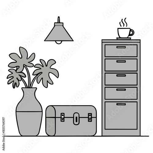Minimalist Line Art Illustration of a Home Interior Featuring a Vase with Plants, a Storage Chest, and a Filing Cabinet with a Cup of Coffee on Top Illuminated by a Pendant Lamp