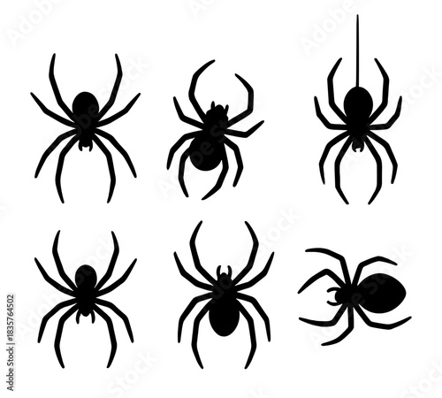 Set of black spider silhouettes in various positions. Vector EPS 10