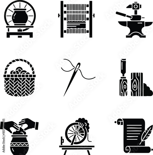 Set of black glyph icons depicting traditional crafts and ancient skills. Symbols for artisan hobbies like pottery, weaving, and blacksmithing