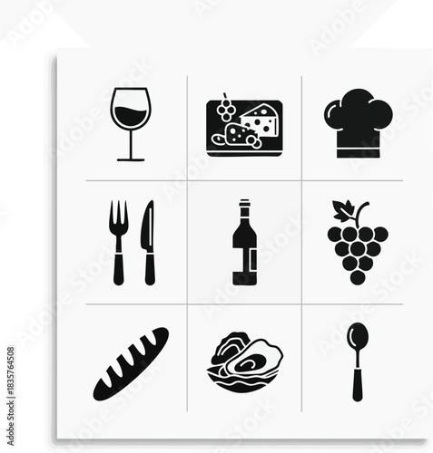 Set of black food and drink icons representing fine dining, culinary arts, and gourmet elements