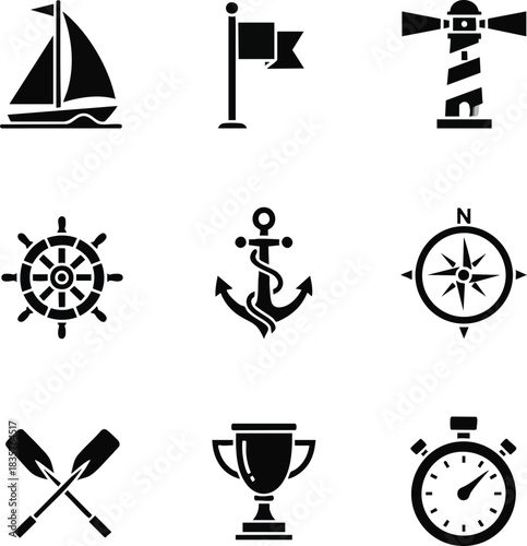Set of black and white nautical icons