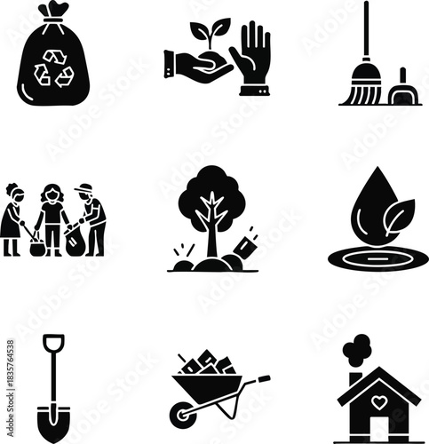 Set of black silhouette icons representing environmental care, cleaning, recycling, gardening, and sustainability concepts for ecological design