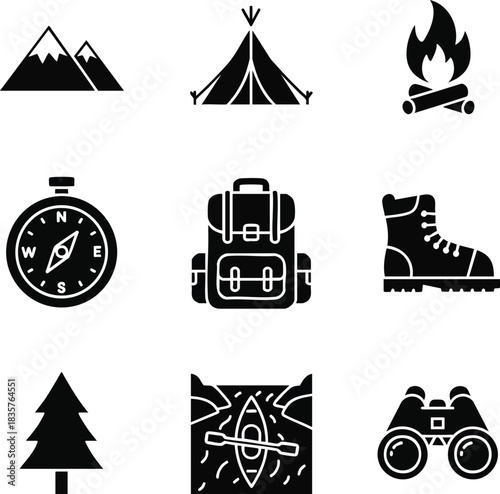 Set of black glyph icons for camping, hiking, and outdoor adventure. Includes symbols like a tent, campfire, backpack, compass, and mountains