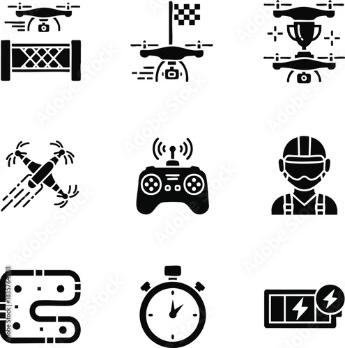 Set of black solid icons for drone racing. Symbols include FPV quadcopter, pilot with goggles, remote control, and race track. For modern sport
