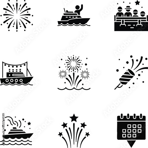 Set of black solid icons representing celebration themes including fireworks, cruise ships, spectators, and a calendar event marker