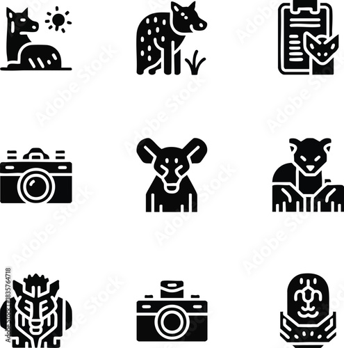 Set of solid black icons representing wildlife photography subjects like wild dogs and cameras for conservation or travel themes