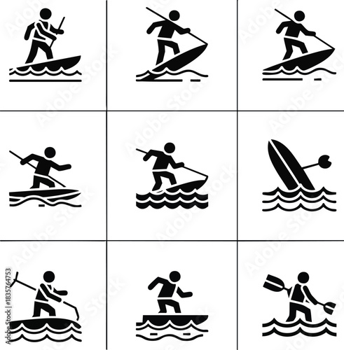 Set of stand-up paddleboarding icons. This vector collection includes pictograms of a person paddling, surfing, and balancing on a SUP board