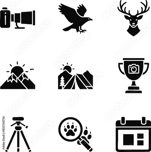 Set of wildlife photography icons: camera, eagle, deer, mountains, tent, trophy, tripod, paw print, and calendar