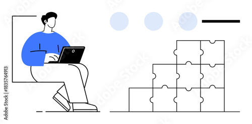 Problem solving concept. Person with laptop analyzing processes ed by stacked puzzle pieces. Problem solving strategic thinking, workflow, and productivity solutions. For business, design, education