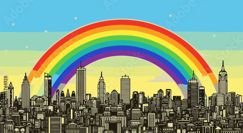 Vibrant Rainbow Arching Over a Diverse Cityscape During Pride Month, Celebrating Unity and Inclusivity