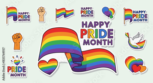 Celebrate love and diversity with a vibrant collection of Happy Pride Month stickers and rainbow flag elements