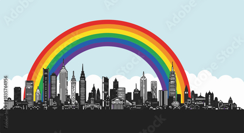 Vibrant Urban Celebration Rainbow Arching Over Cityscape for Pride Month Festivities