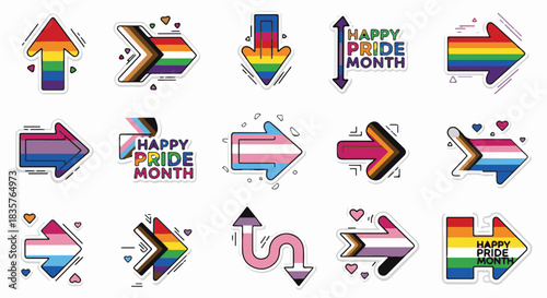 Vibrant Graphic Arrow Icons Collection Celebrating Love and Inclusivity for Pride Month with Diverse Flag Designs