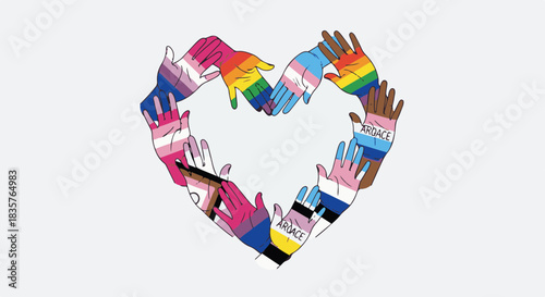 A vibrant display of diverse hands shaping a heart, representing love, unity, and acceptance for Pride Month