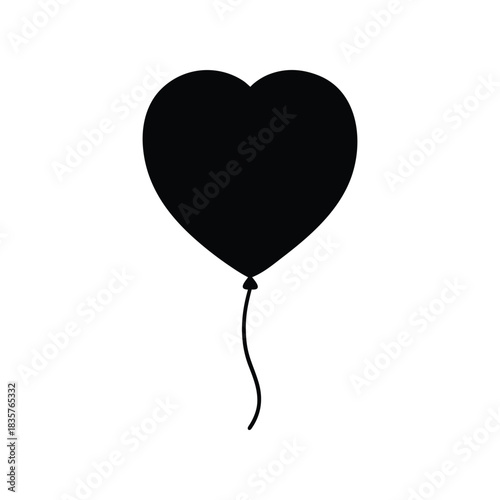 A simple black silhouette icon of a heart-shaped balloon with a string, symbolizing love, romance, and celebration for special occasions, isolated on a white background