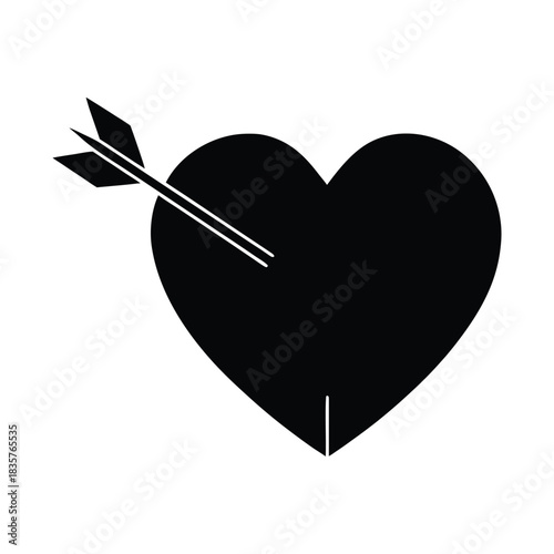 Black silhouette of a heart pierced by an arrow, symbolizing love, affection, and a broken heart concept, perfect for romantic themes and emotional expression graphics