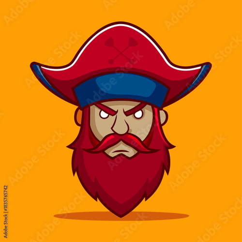Cartoon Pirate Character With Red Beard and Hat on Orange Background
