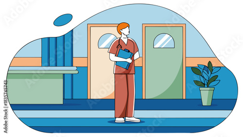 Nurse Standing in Medical Facility Waiting for Patient in Hallway