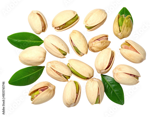Wallpaper Mural Isolated pistachios and leaves on black. Overhead shot of edible nuts and green foliage Torontodigital.ca