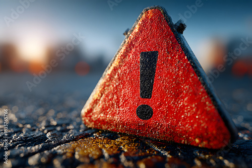Road sign triangular shape with exclamation mark on a background of asphalt. The texture of the tarmac, top view.