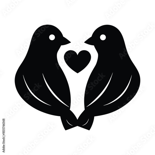 Two black silhouettes of birds facing each other with a heart symbol in between them, representing love, romance, and companionship