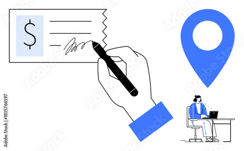 Finance concept. Hand signing financial check for payment with geolocation symbol and professional working at laptop in office. Finance tools for transactions, banking, and global operations. Broad