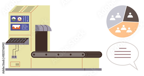 Industrial conveyor machine with graphs, diagrams, and team roles, highlighting workflow and analytics. Ideal for automation, teamwork, innovation, data operations technology management. Simple