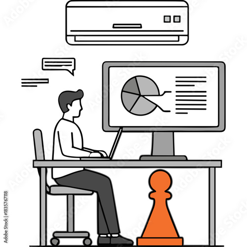 Man Working On Laptop And Computer With Pie Chart Display In A Modern Office Setting With Air Conditioner Above A Desk With A Chess Pawn In The Foreground