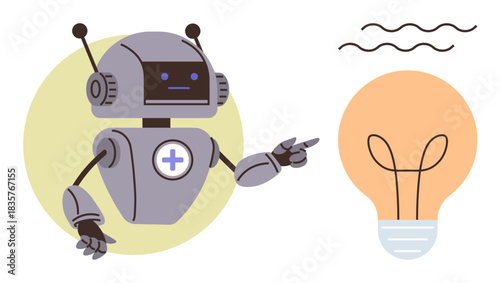 Friendly robot with mechanical arms and antennas gesturing to a glowing lightbulb. Ideal for technology, innovation, creativity, brainstorming, AI, solutions, and futuristic concepts. A simple flat