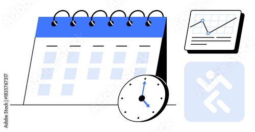 Calendar with highlighted squares, clock, and rising chart with connected points. Ideal for time management, scheduling, organization, goals, productivity planning tracking. Simple flat metaphor