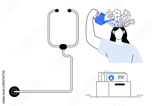 Personal growth. Woman nurturing creativity with blooming ideas. Personal growth linked to career development through innovative thinking. For self-improvement, psychology, careers, growth