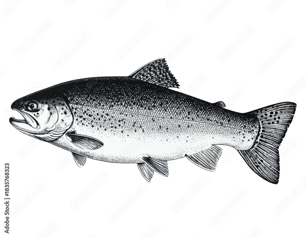Obraz premium Detailed grayscale depiction of a fish, scales evident, fins extended, isolated on a black background