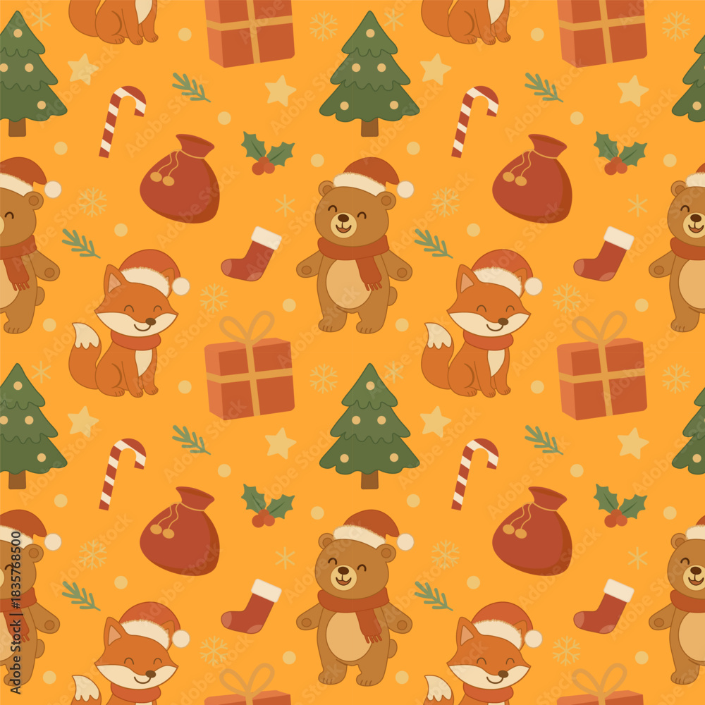 Fototapeta premium Seamless Christmas pattern. Cute animals create a magical atmosphere. Vector. Universal. Perfect for textile prints, wrapping paper, cards, and various business applications.