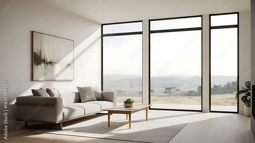 Fototapeta premium Sunlit modern living room with panoramic windows and scenic landscape view.