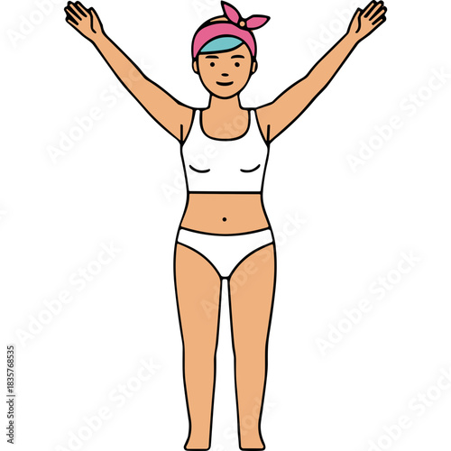 Illustration Of A Woman In White Underwear With Arms Raised In Celebration Wearing A Pink Bandana And Blue Hair