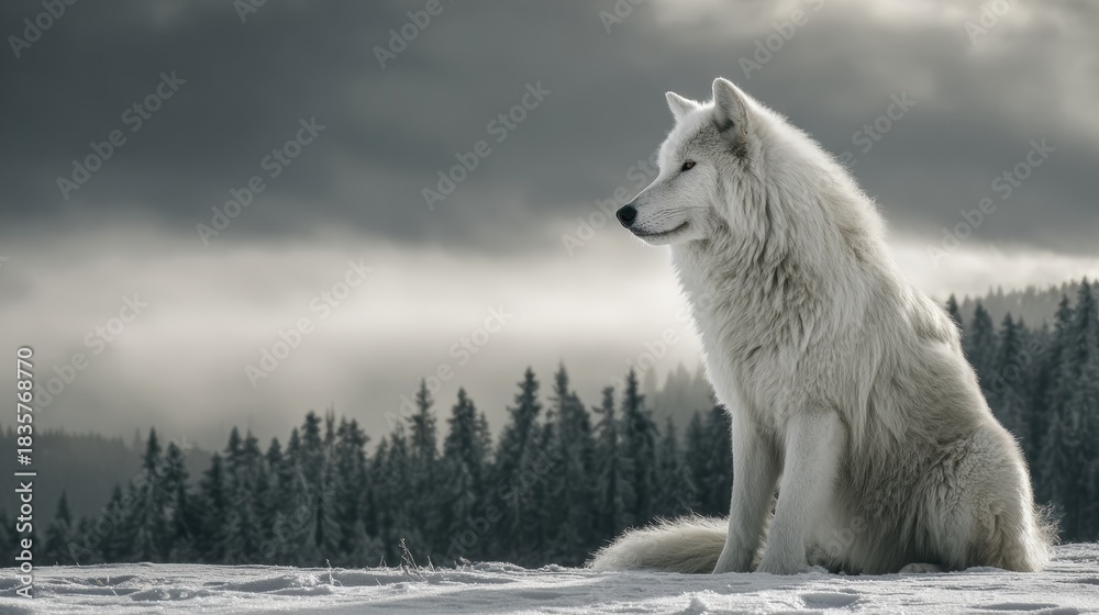 Obraz premium Mystical Wolf Stands Strong in a Snowy Landscape, Symbolizing Freedom in Native American and Turkic Stories Under a Powerful Sky