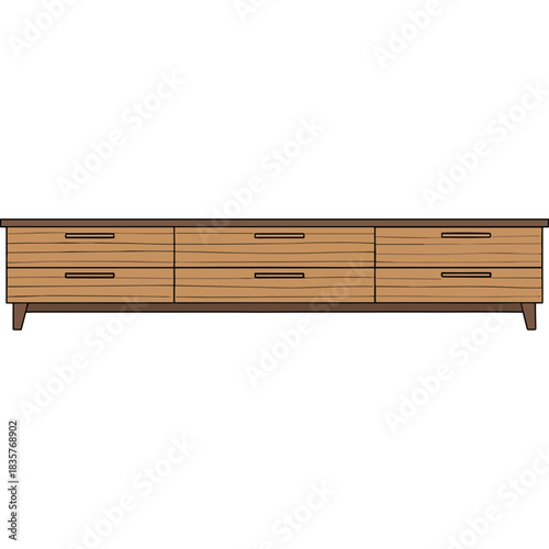 Modern Wooden Dresser With Six Drawers And Mid Century Legs In A Minimalist Style With A Light Brown Wood Grain Texture And Dark Horizontal Drawer Pulls