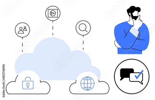 Simple cloud computing illustration featuring user authentication, data security, global access icons, and a thinking man pondering concepts. Ideal for technology, cybersecurity, innovation