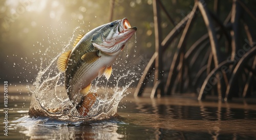 Large mouth bass leaps from the water casting spray against a golden bokeh backdrop in nature