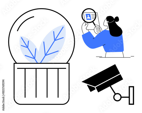 Sustainability and privacy concepts. Sustainability via eco-leaf symbol, privacy with an identity magnifier, and privacy in surveillance through a security camera. For environmental, security