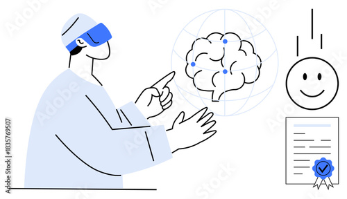 Artificial intelligence concept. Artificial intelligence connected to virtual reality tools for brain visualization, cognitive processes, and certification. For education, healthcare, innovation