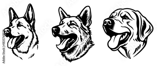 Set of happy dog head portraits including German Shepherd and Labrador sketches