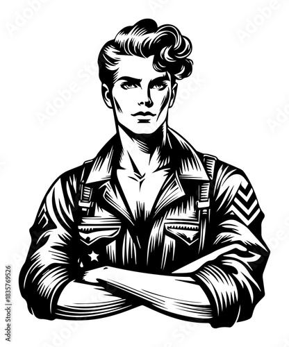 Handsome young man with crossed arms wearing military jacket vector portrait