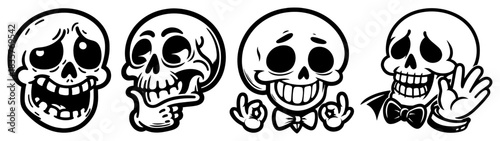Set of funny cartoon skull mascots with different expressions and gestures