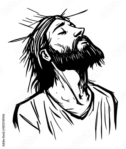 Jesus Christ looking up wearing crown of thorns hand drawn vector sketch portrait